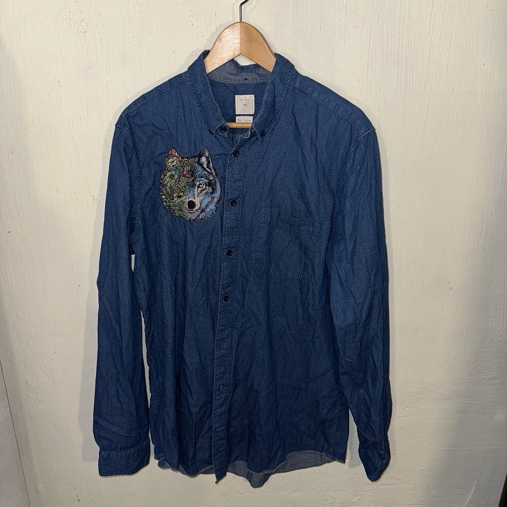 Gap‎ Denim Polka Dot Oversized Shirt With Wolf Appliqué Y2K Sz XL Tall